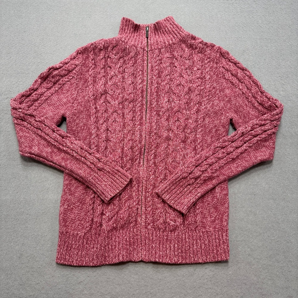 L.L.Bean Sweater Women's XS Petite Pink Cable Knit Chunky Full Zip Cardigan